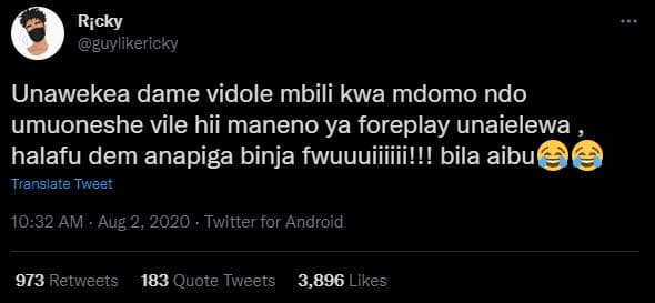 Ricky guylikericky unawekea dame vidole mbili kwa mdomo ndo umuoneshe vile hii m