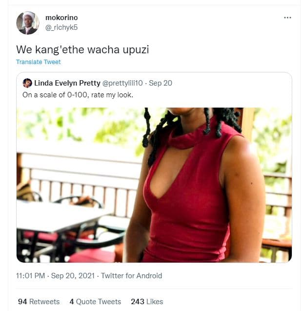 Mokorino richyk5 we kang 'ethe wacha upuzi translate tweet linda evelyn pretty p