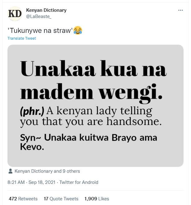 Kenyan dictionary kd labeaste 'tukunywe na straw translate tweer unakaa kua na m