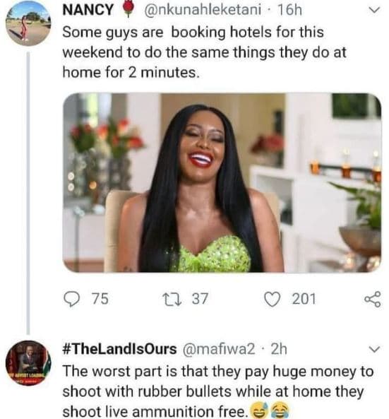 Nancy nkunahleketani 16h some guys are booking hotels for this weekend to do the