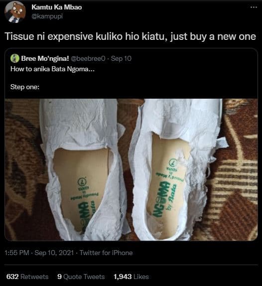 Kamtu ka mbao kampupi tissue ni expensive kuliko hio kiatu, just buy a new one b