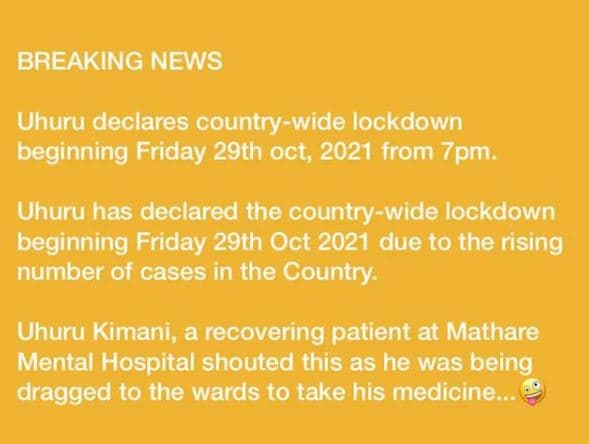 Breaking news uhuru declares countrywide lockdown beginning friday 29th oct, fro