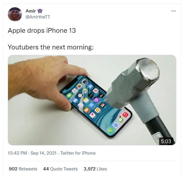 Amir amirthett apple drops iphone 13 youtubers the next morning 5.03 1042 pm sep