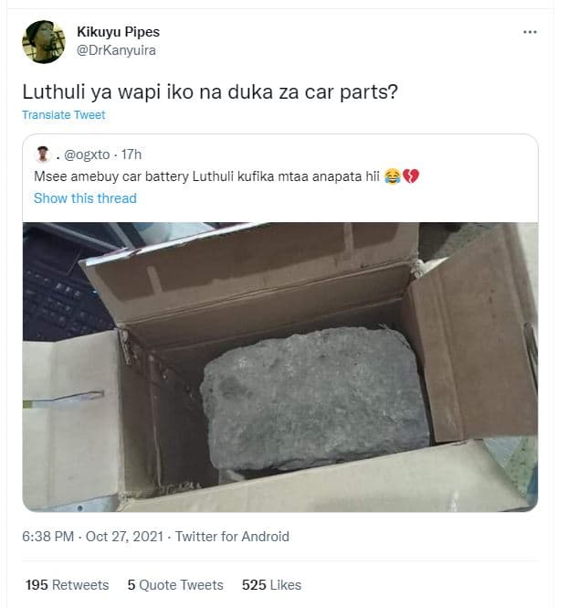 Kikuyu pipes drkanyuira luthuli ya wapi iko na duka za car parts? translate twee