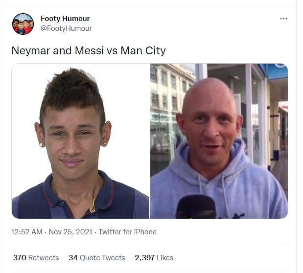 Footy humour footyhumour neymar and messi vs man city 12.52 am nov 25, twitter f