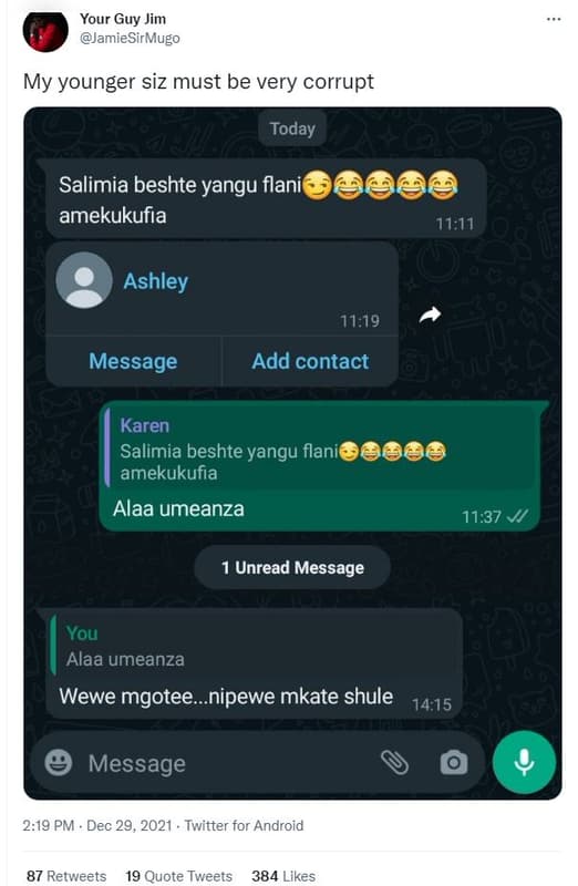 Your guy jim jamiesirmugo my younger siz must be very corrupt today salimia besh