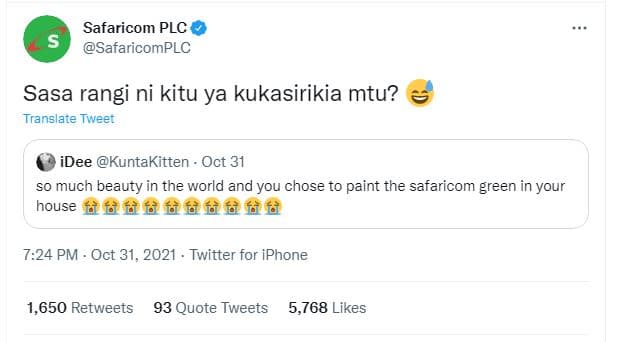 Safaricom plc safaricomplc sasa rangi ni kitu ya kukasirikia mtu? translate twee
