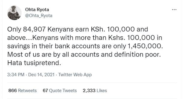 Ohta ryota ohta_ryota only 84,907 kenyans earn ksh. 100,000 and above.. kenyans