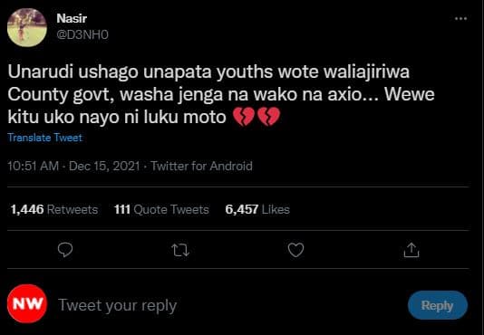 Nasir d3nho unarudi ushago unapata youths wote waliajiriwa county govt, washa je