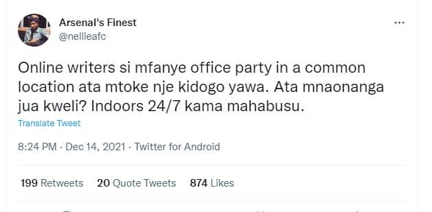 Arsenal's finest nellieafc online writers si mfanye office party in a common loc