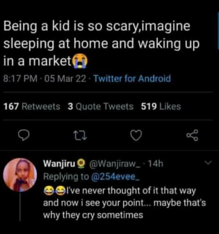 Being a kid is so scary,imagine sleeping at home and waking up in a markets 8.17
