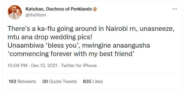 Katubae duchess of perklands theveon there's a kaflu going around in nairobi rn,