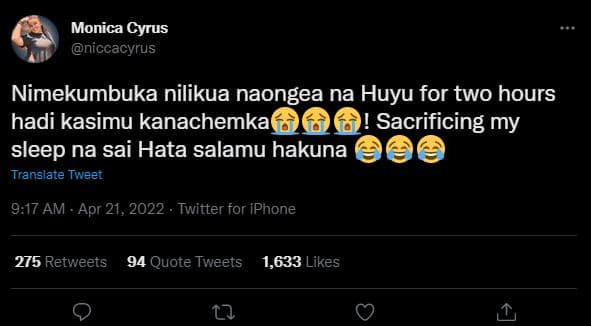 Monica cyrus niccacyrus nimekumbuka nilikua naongea na huyu for two hours hadi k
