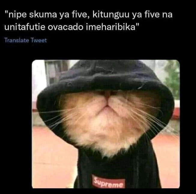 Nipe skuma ya five, kitunguu ya five na unitafutie ovacado imeharibika translate