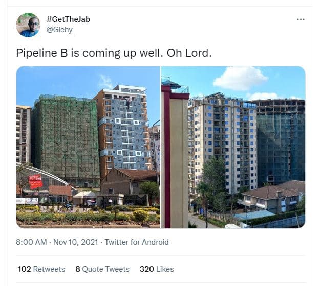 Getthejab gichy _ pipeline b is coming up well. oh lord_ 8.00 am nov 10, twitter