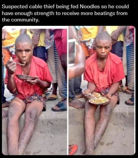 Suspected cable thief being fed noodles s0 he could have enough strength to rece
