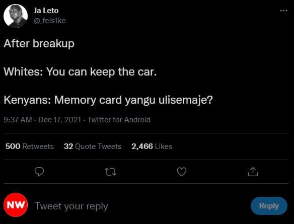 Ja leto _felslke after breakup whites you can keep the car. kenyans memory card