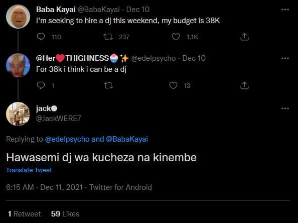 Baba kayai babakayai dec 10 im seeking to hire a dj this weekend, my budget is 3