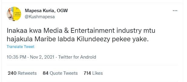 Mapesa kuria, ogw kushmapesa inakaa kwa media entertainment industry mtu hajakul