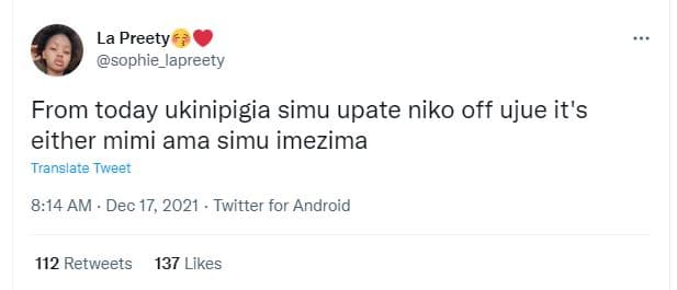 La preety sophie_apreety from today ukinipigia simu upate niko off ujue it's eit