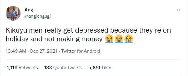 Ang angiengugi kikuyu men really get depressed because they're on holiday and no