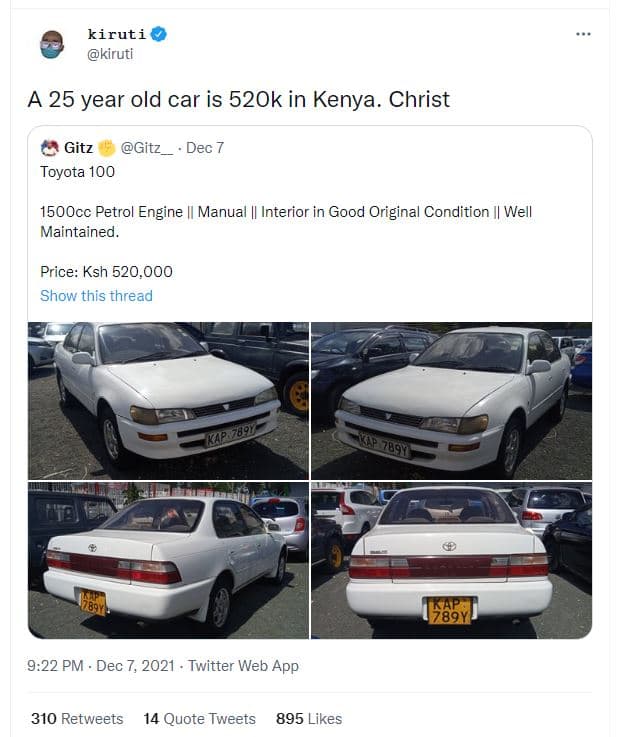 Kiruti kiruti a 25 year old car is 52ok in kenya. christ gitz gitz toyota 100 de