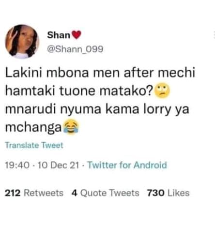 Shan shann 099 lakini mbona men after mechi hamtaki tuone matako? mnarudi nyuma