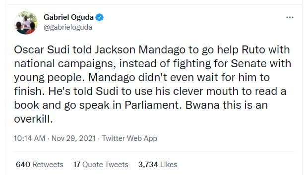 Gabriel oguda gabrieloguda oscar sudi told jackson mandago to go help ruto with