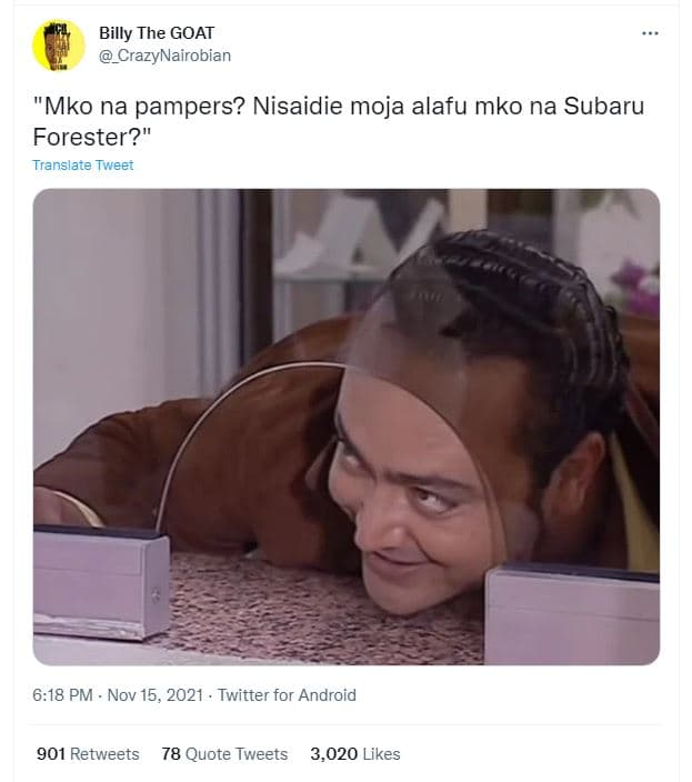 Billy the goat crazynairobian mko na pampers? nisaidie moja alafu mko na subaru