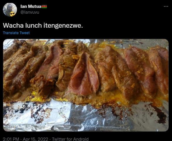 Lan mutua anvuvu wacha lunch itengenezwe. translate tweet 2.01 pm apr 15. twitte