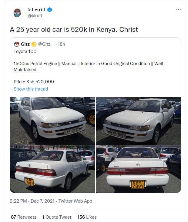 Kiruti kiruti a 25 year old car is 520k in kenya. christ gitz gitz 18h toyota 10
