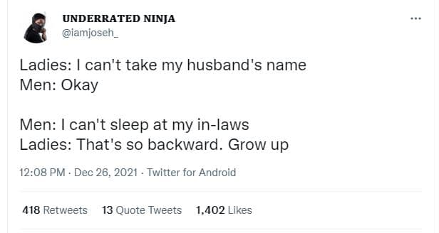 Underrated ninja iamjoseh _ ladies can't take my husband's name men okay men can