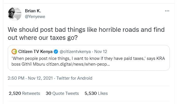 Brian k. yenyewe we should post bad things like horrible roads and find out wher