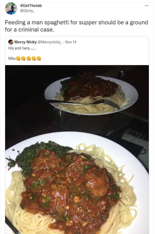 Getthejab gichy_ feeding a man spaghetti for supper should be a ground for a cri