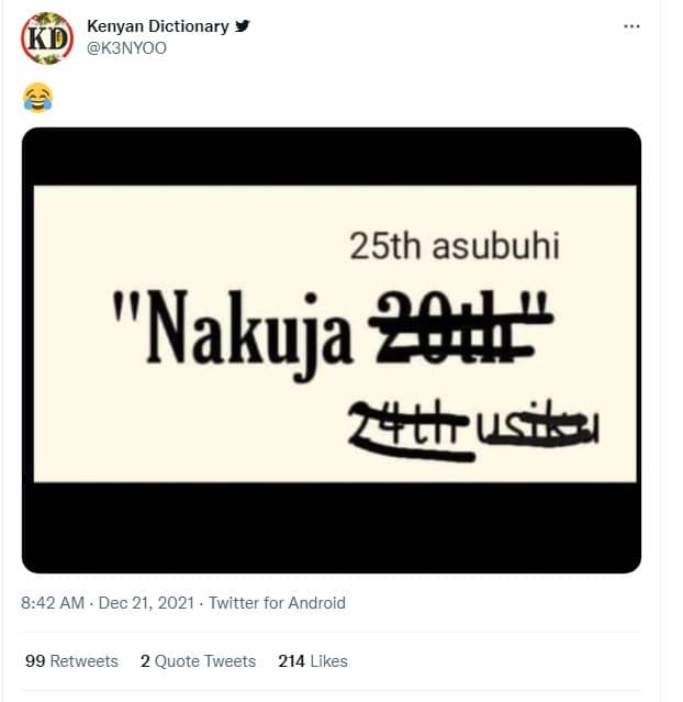 Kenyan dictionary kd k3nyoo 25th asubuhi nakuja 204 utrusia 8.42 am dec 21, twit