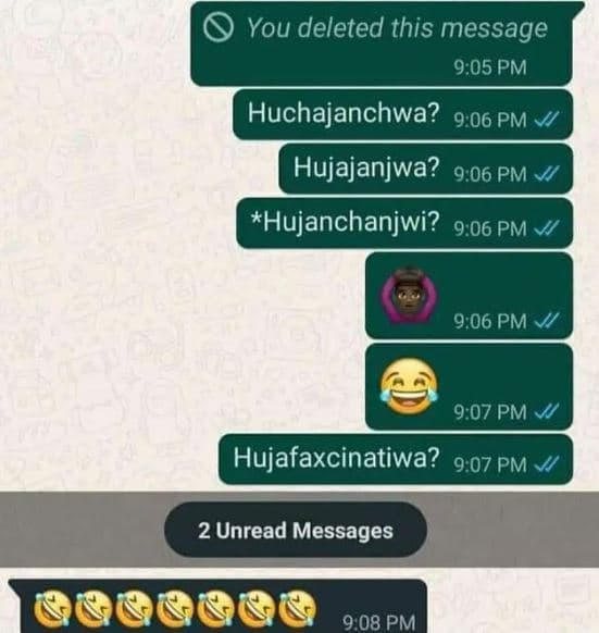 You deleted this message 9,05 pm huchajanchwa? 906 pm hujajanjwa? 906 pm hujanch