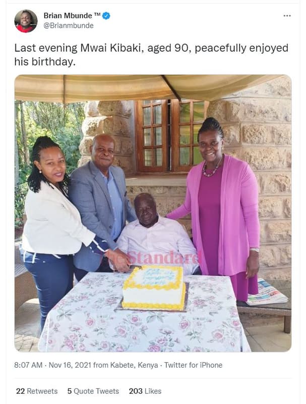 Brian mbunde brianmbunde last evening mwai kibaki, aged 90, peacefully enjoyed h