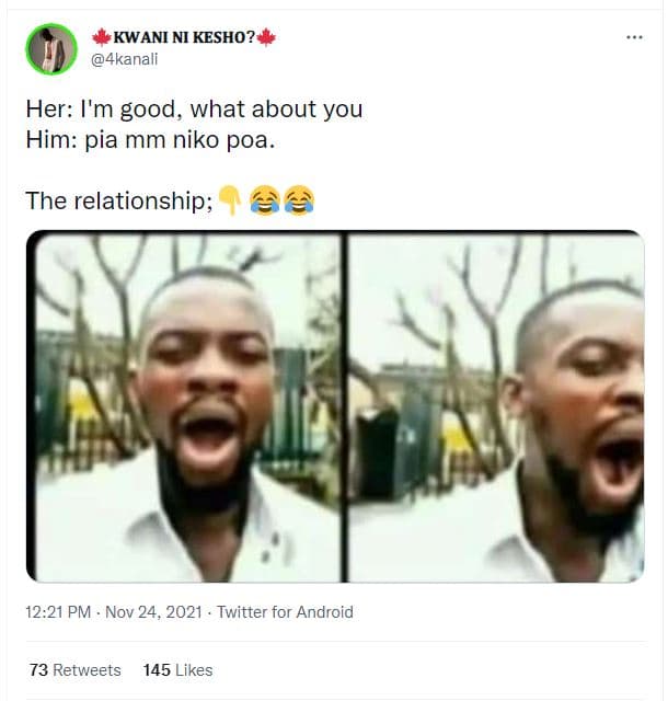 Kwani ni kesho? 4kanali her i'm good, what about you him pia mm niko poa the rel