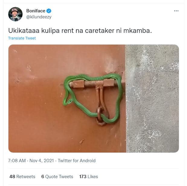 Boniface kilundeezy ukikataaa kulipa rent na caretaker ni mkamba. translate twee