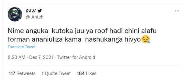 Raw anteh nime anguka kutoka juu ya roof hadi chini alafu forman ananiuliza kama