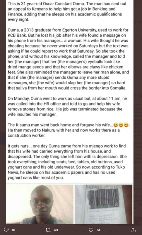 This is 31 yearold oscar constant ouma. the man has sent out an appeal to kenyan