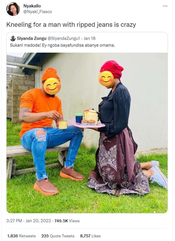 Nyakallo nyaki_fiasco kneeling for a man with ripped jeans is crazy siyanda zung