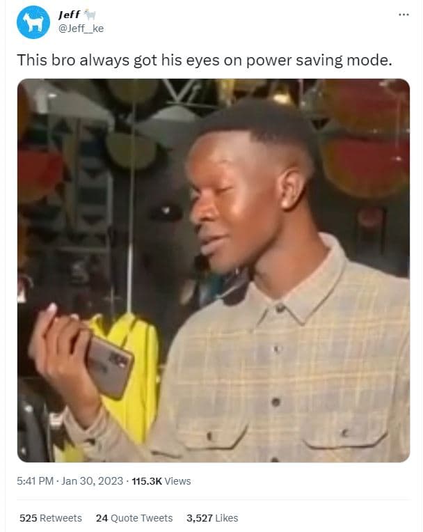 Jeff jeff_ke this bro always got his eyes on power saving mode. 5.41 pm jan 30.