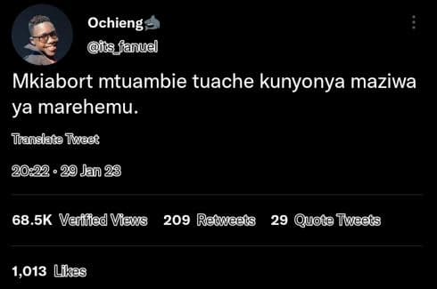 Ochieng ios_fanud mkiabort mtuambie tuache kunyonya maziwa ya marehemu. tanslata