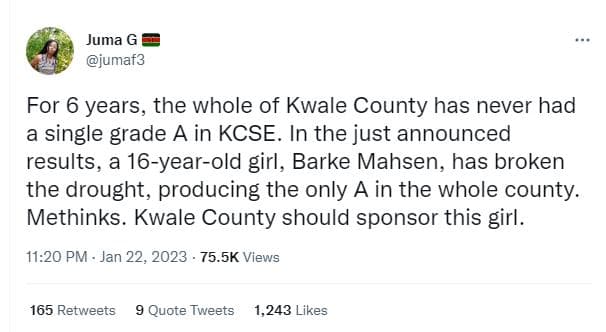 Juma g jumaf3 for 6 years, the whole of kwale county has never had single grade