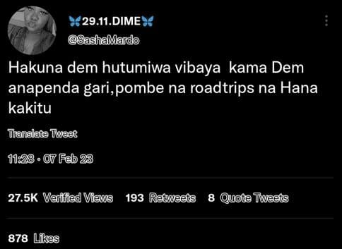 29.11.dime sashamando hakuna dem hutumiwa vibaya kama dem anapenda gari,pombe na