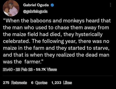 Gabriel oguda gabrfeloguda when the baboons and monkeys heard that the man who u