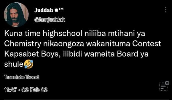 Juddah tm amjuddah kuna time highschool niliiba mtihani ya chemistry nikaongoza