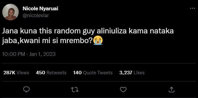 Nicole nyaruai nicoleviar jana kuna this random guy aliniuliza kama nataka jaba,