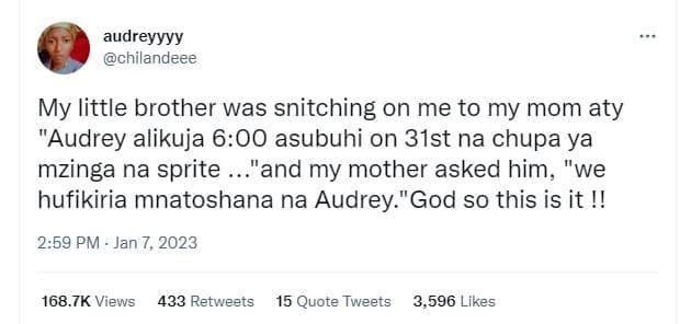 Audreyyyy chilandeee my little brother was snitching on me to my mom aty audrey